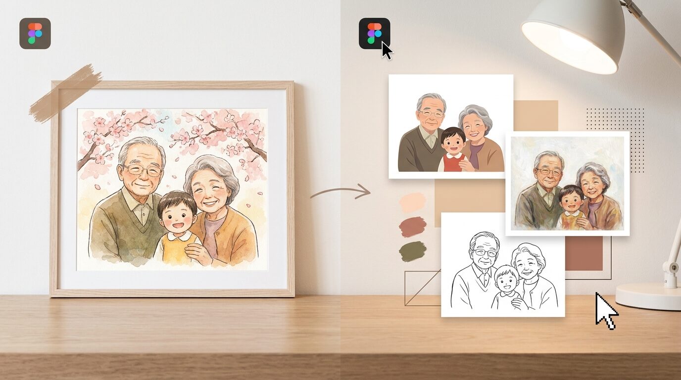 FilmoraでAI画像からプロンプト生成を使って祖父母イラストの方向性を整理するイメージ