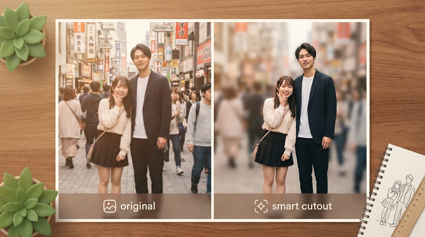 FilmoraのAIスマートカットアウトで推しとの身長差を見やすく整えるイメージ