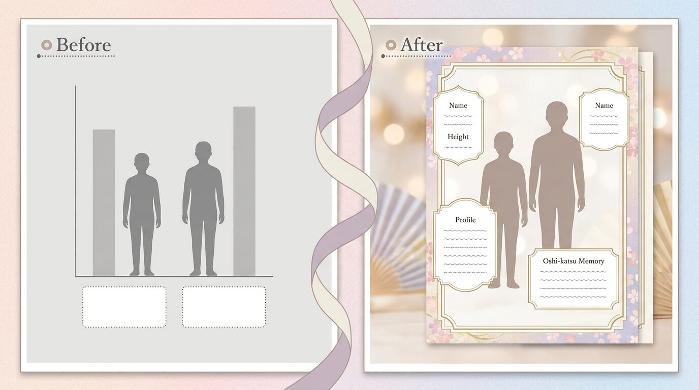Filmoraのタイトル編集で推しとの身長差画像をカード風に整えるイメージ