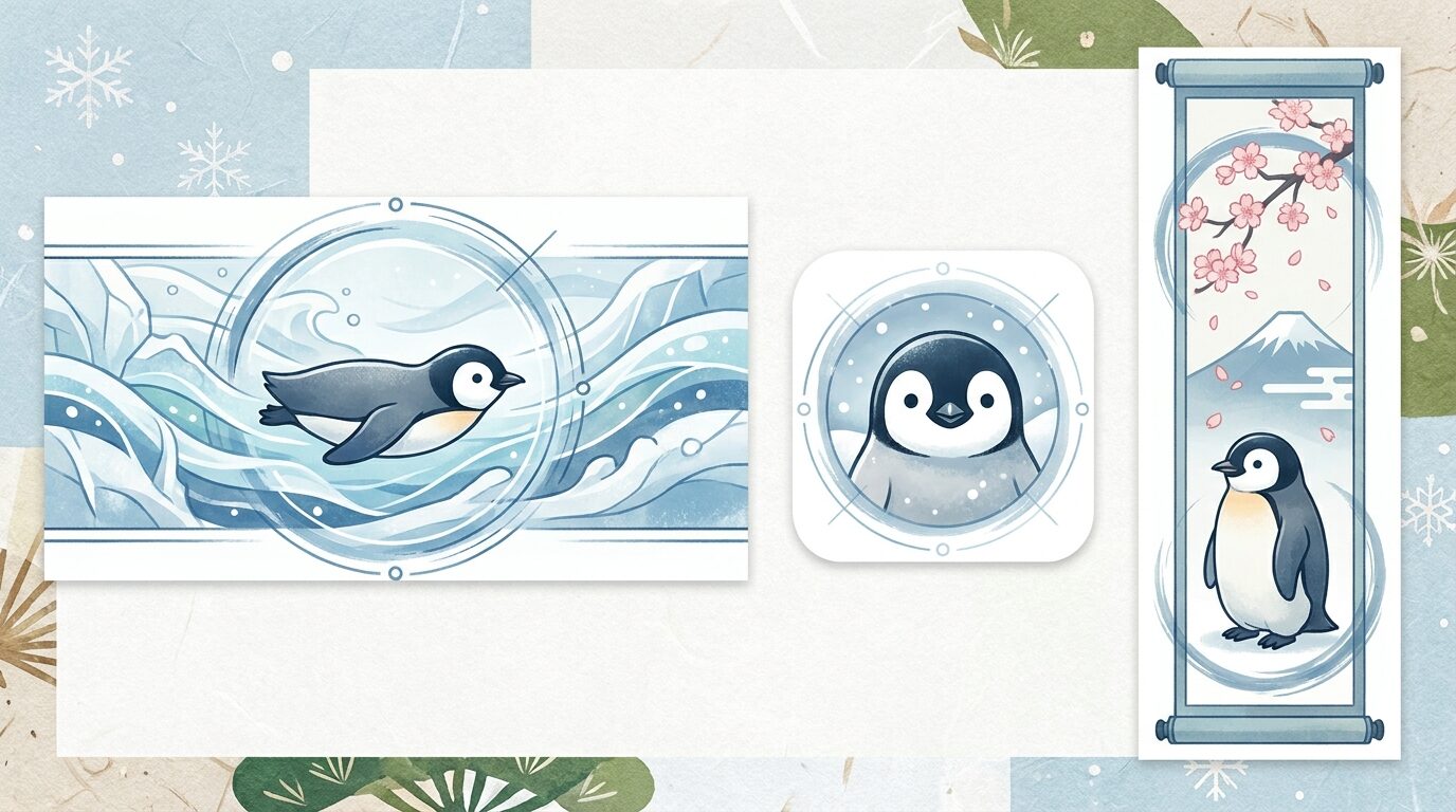 Filmoraのオートリフレームでペンギン イラストを比率展開するイメージ