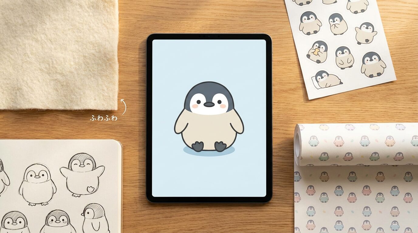 FilmoraのAI画像からプロンプト生成でペンギン イラストを展開するイメージ