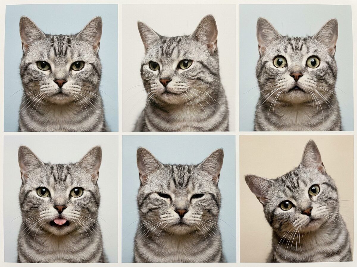 猫を淡色背景で自然なペット証明写真風にしたAI作例