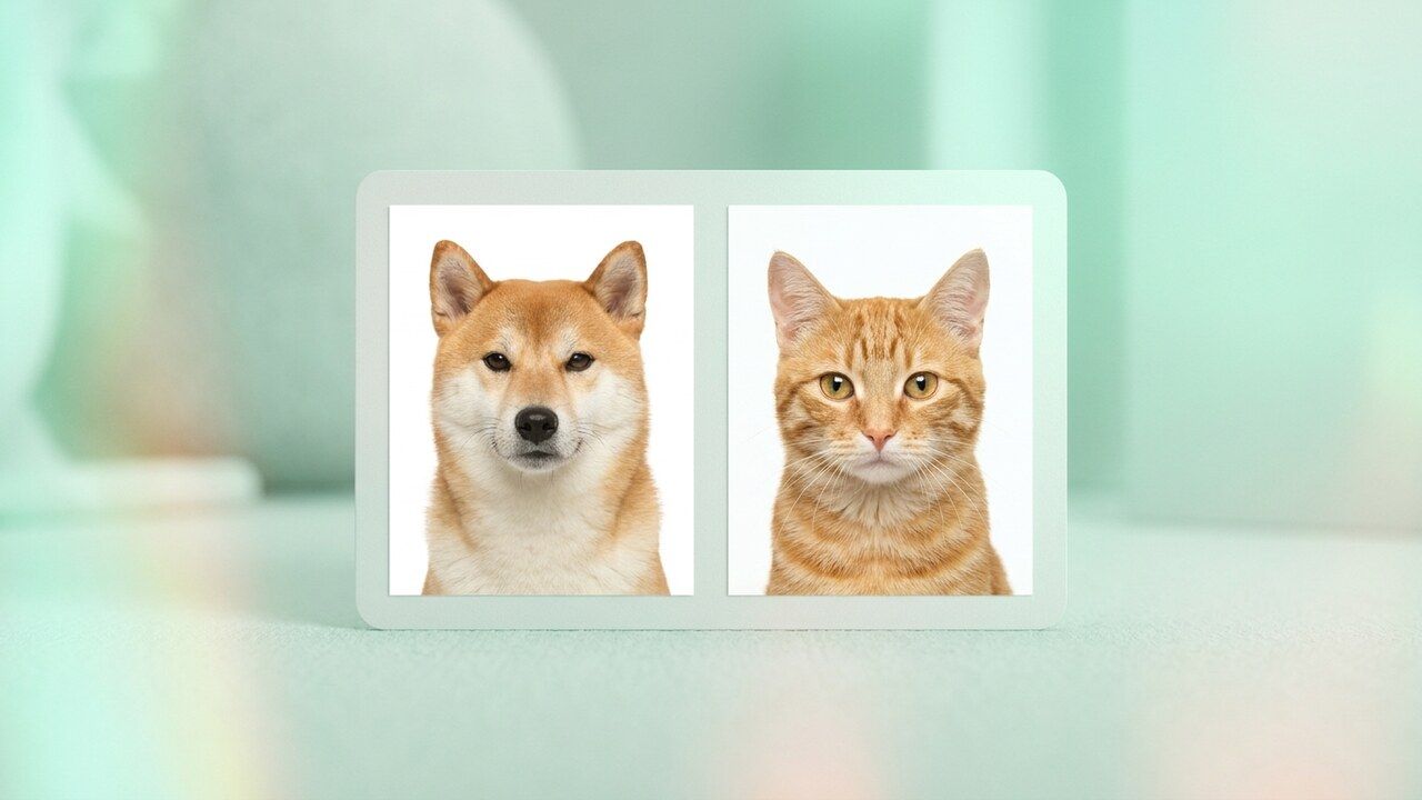 犬や猫のペット証明写真をAIでかわいいID写真風に作るイメージ