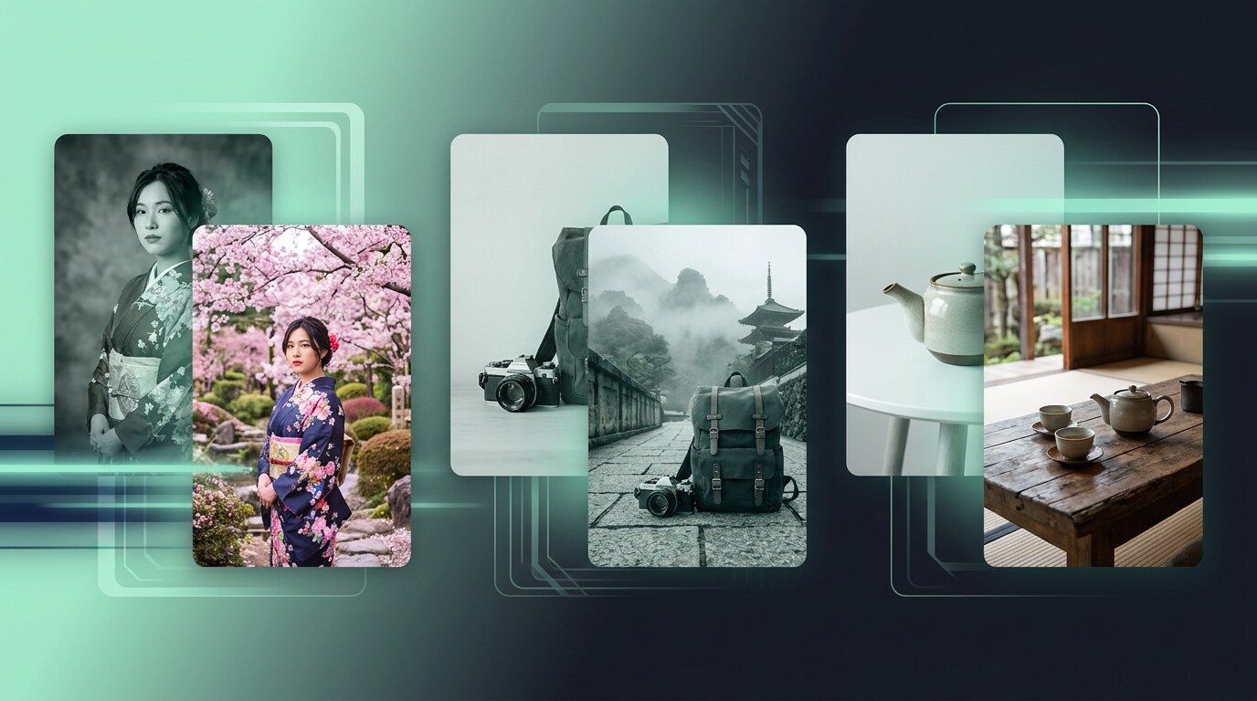 FilmoraのGPT Image 2で背景違いの完成イメージを作るイメージ