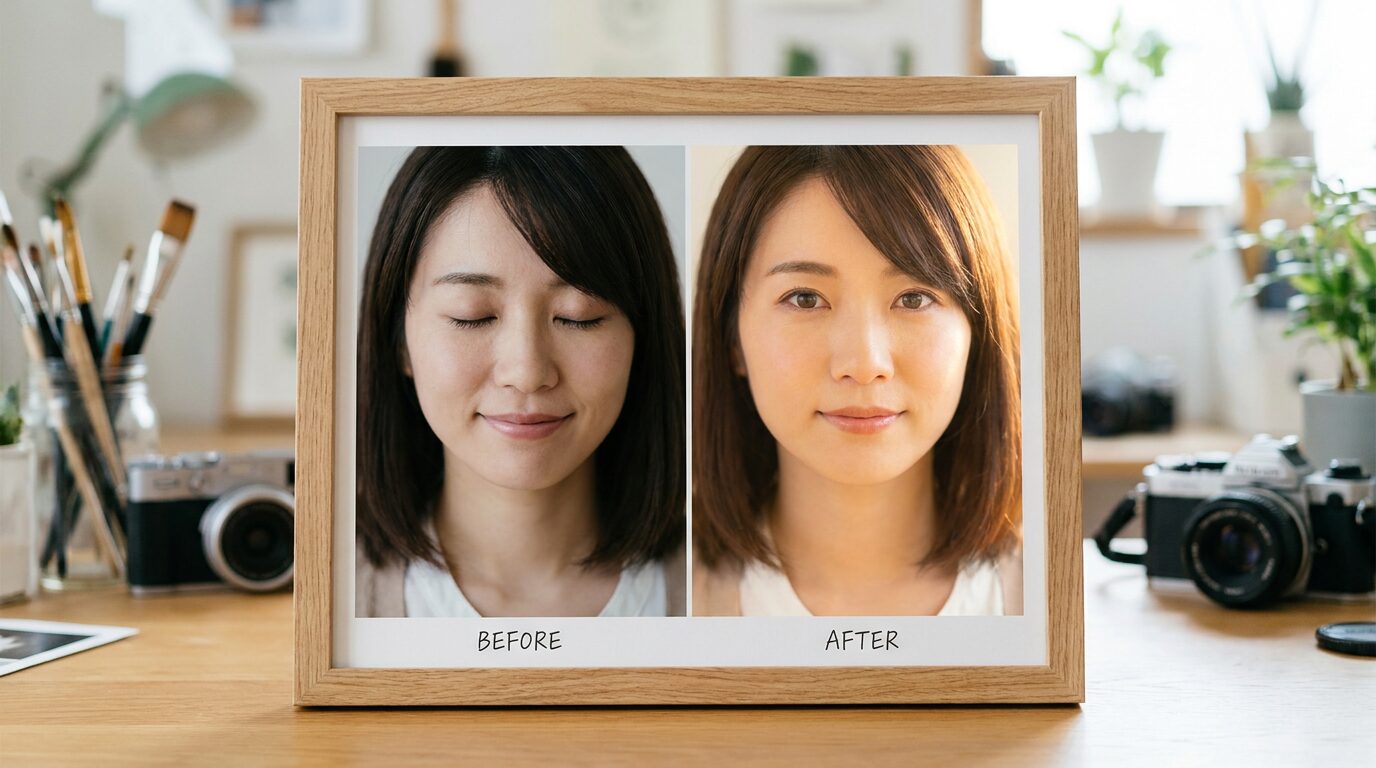 FilmoraのGPT Image 2で写真の目を開ける補正イメージ