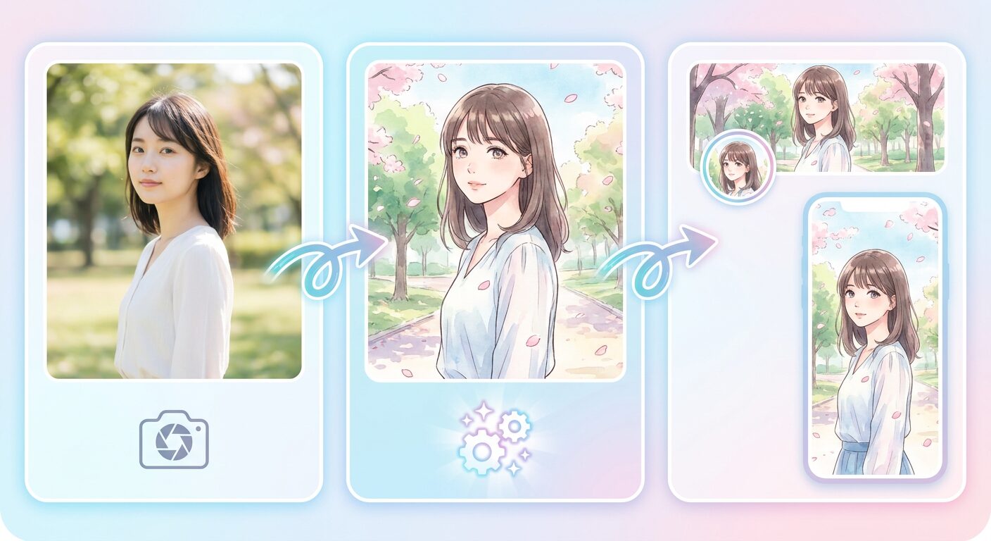 FilmoraのAI画像生成で写真をアニメ化するイメージ