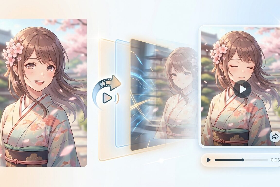 Filmoraの画像から動画生成でアニメ化画像を動画化するイメージ