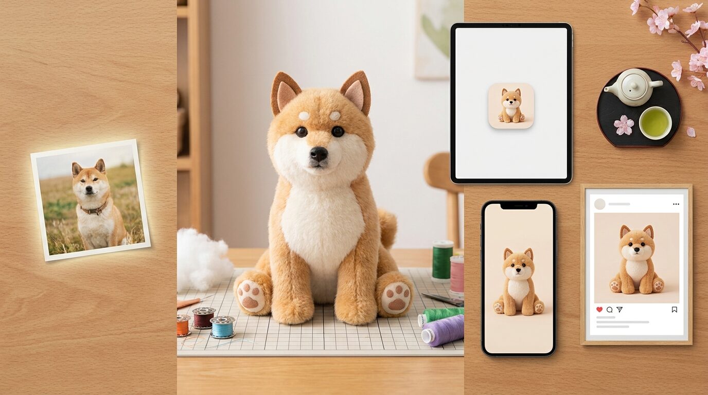 FilmoraのAI画像生成で写真をぬいぐるみ化するイメージ