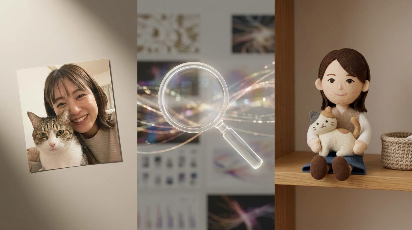 FilmoraのAI画像からプロンプト生成で写真をぬいぐるみ化する指示を整理するイメージ