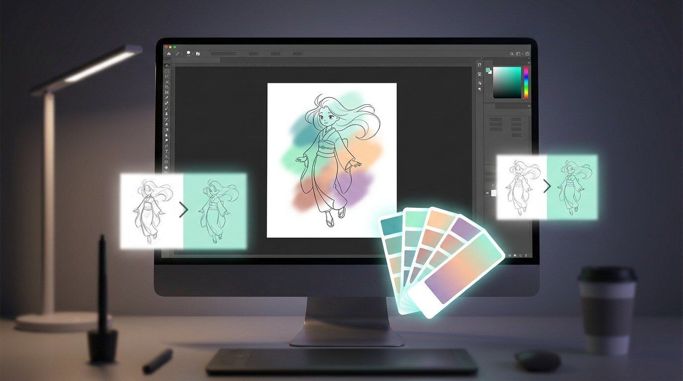 FilmoraのAI カラーパレットで清書後の線画素材の色味を整えるイメージ
