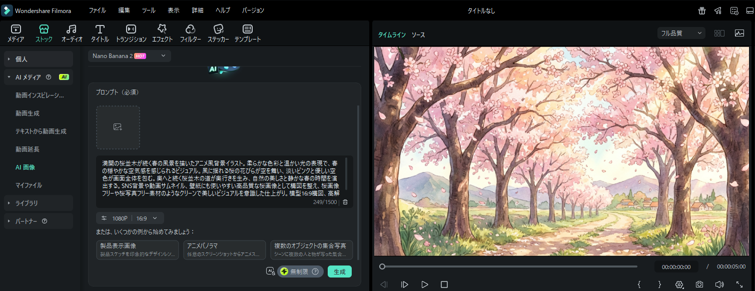 FilmoraのAI画像生成で桜背景・桜背景イラスト・桜背景無料・桜背景画像を瞬時に作成