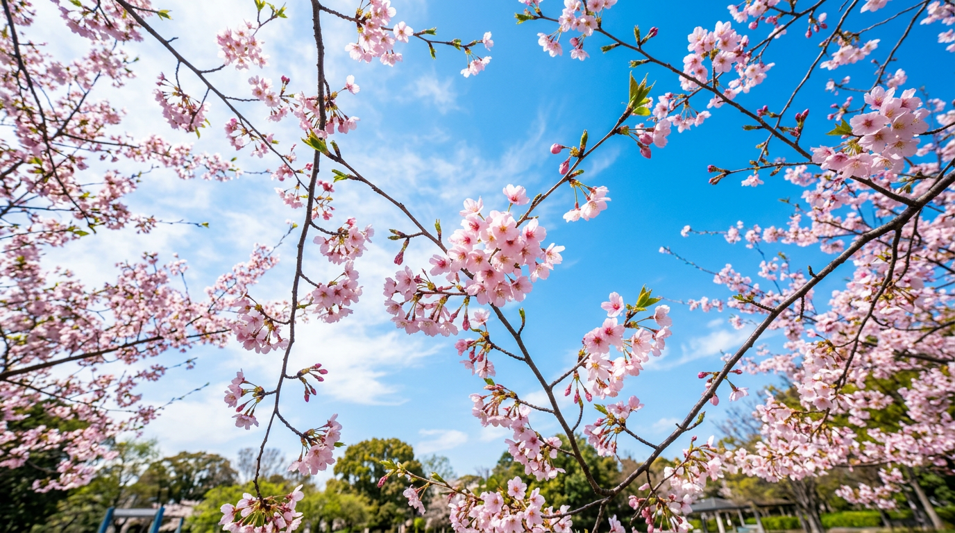 桜背景AIプロンプトの横長水彩作例