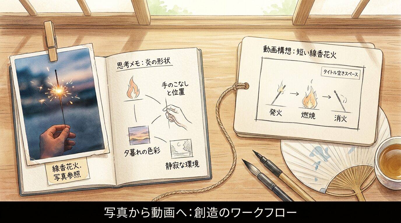 FilmoraのAI画像からプロンプト生成で線香花火の提示詞を整理
