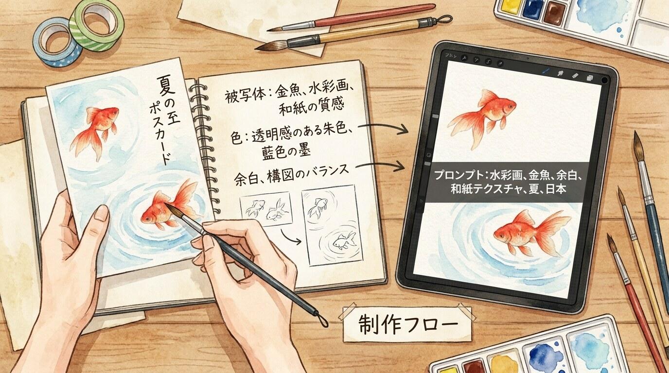 AI画像からプロンプト生成で暑中見舞いハガキの作風を再現