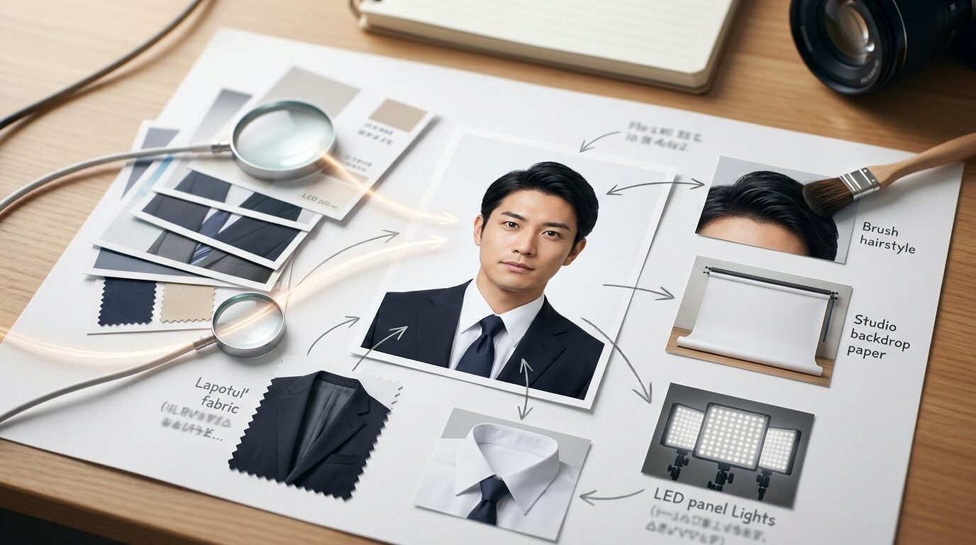 FilmoraのAI画像からプロンプト生成で証明写真のスーツ感を分析するイメージ