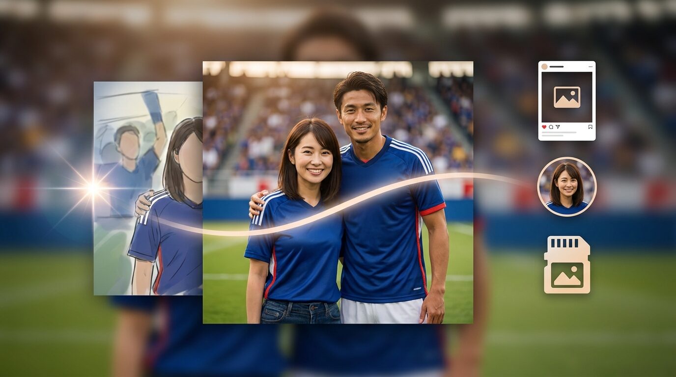 FilmoraのAI画像生成でサッカー選手とのツーショット風写真を作るイメージ