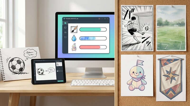 FilmoraのAI画像生成でサッカーイラストやワールドカップイラストを作るイメージ