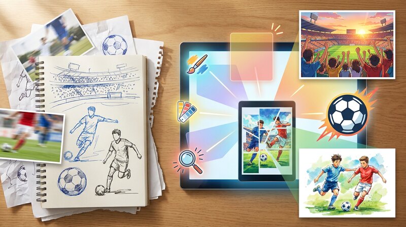 FilmoraのAI画像からプロンプト生成でサッカーイラストの雰囲気を整理するイメージ