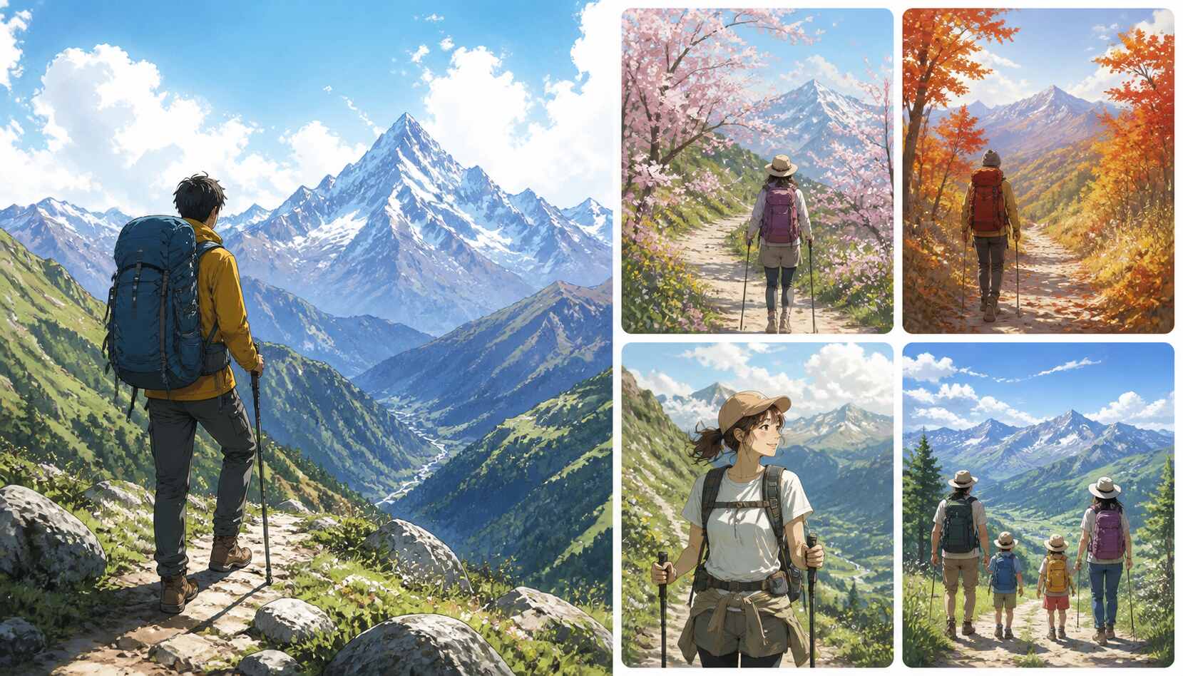 FilmoraのAI画像からプロンプト生成で登山イラストの派生案を整理するイメージ