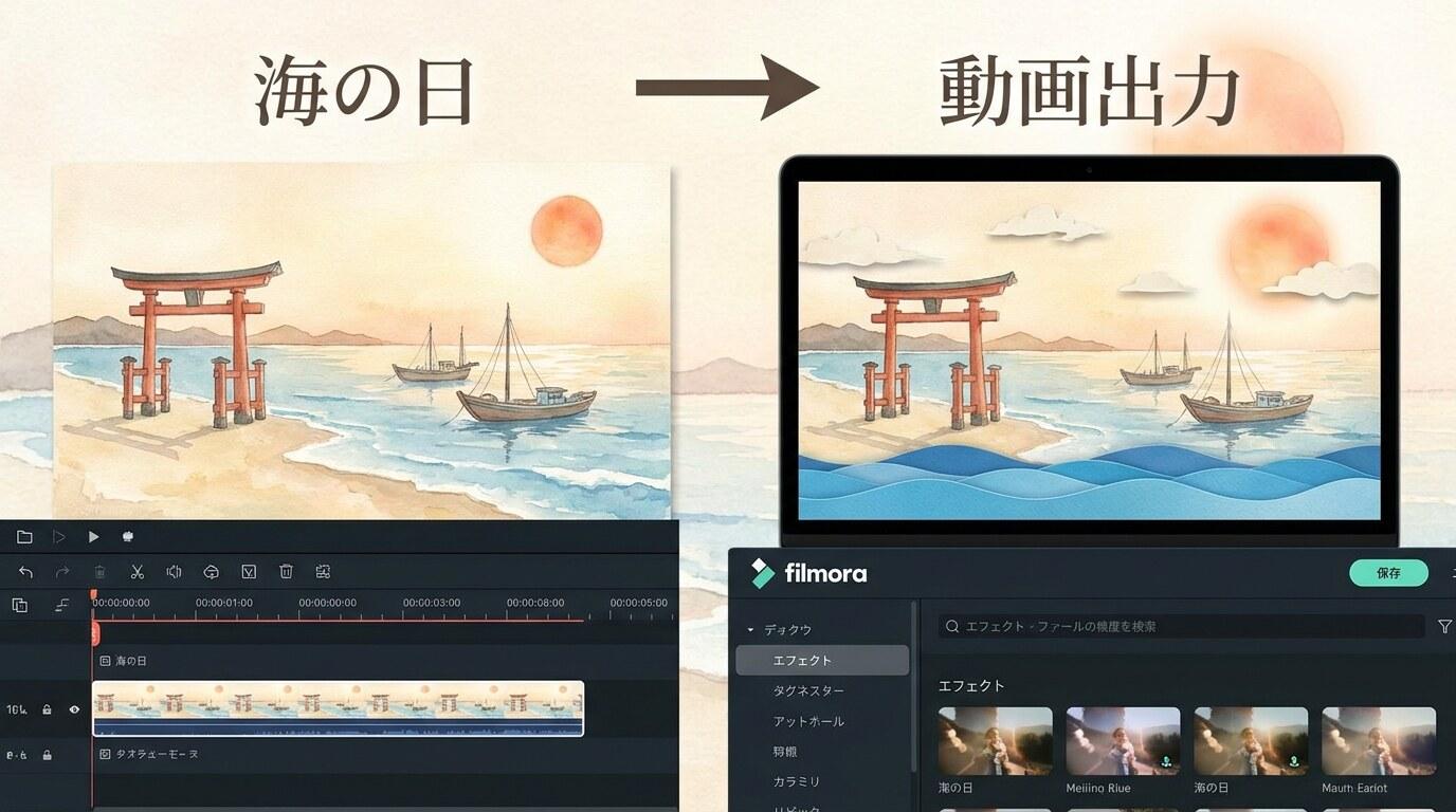 FilmoraのAI画像から動画生成で海の日イラストを動画化