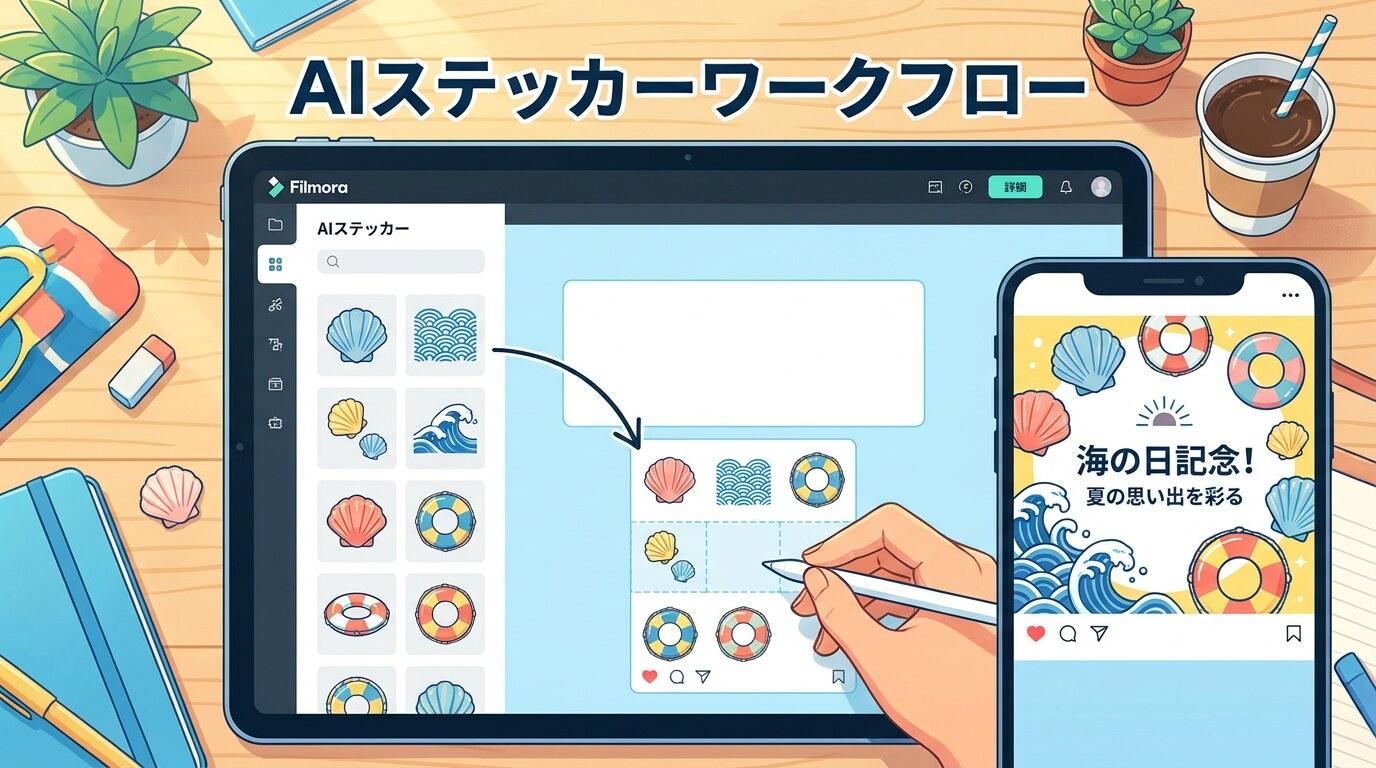 FilmoraのAIステッカーで海の日イラストを装飾