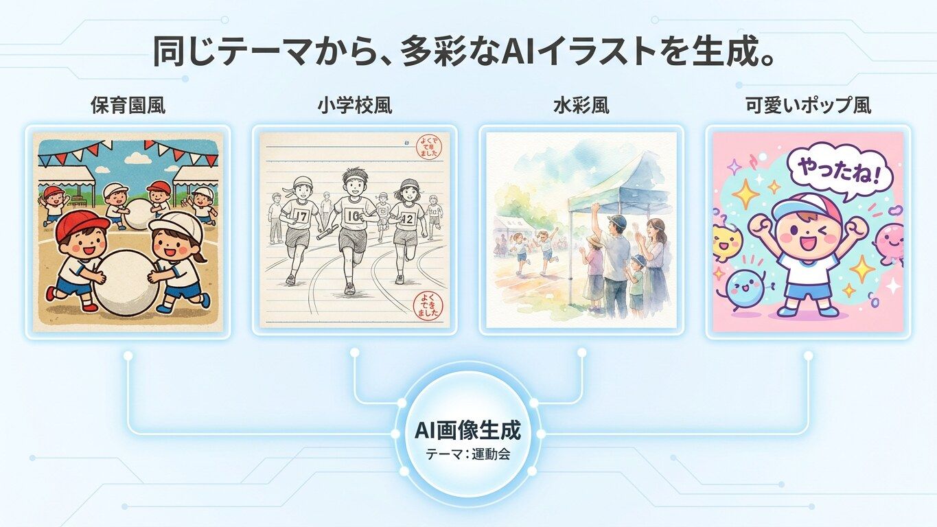 FilmoraのAI画像生成で運動会イラストを多スタイル展開するイメージ