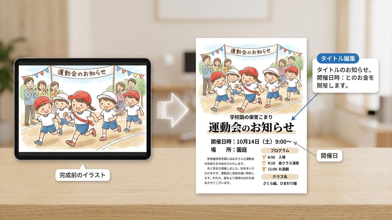 Filmoraで運動会イラストにタイトルや行事情報を入れるイメージ