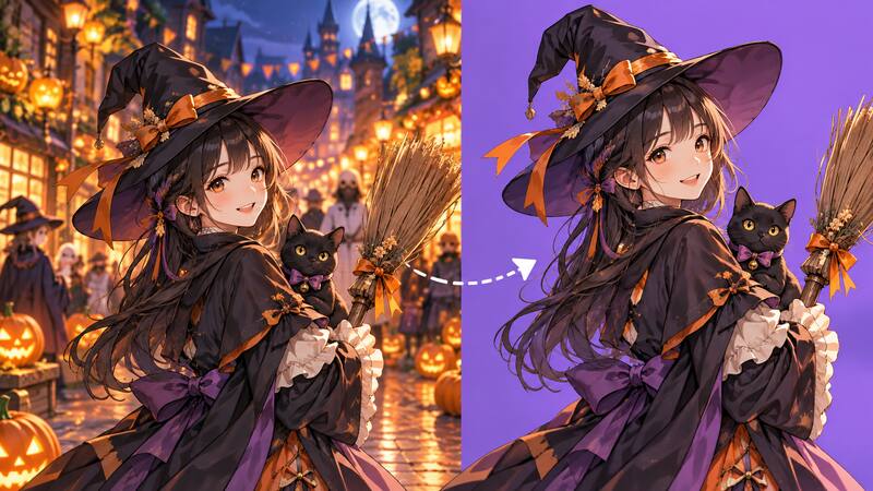 AIスマートカットアウトで魔女キャラクターを切り抜くイメージ