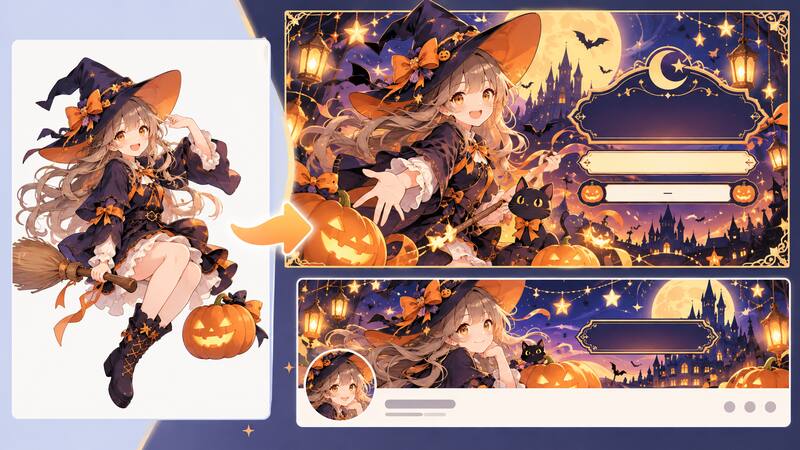 タイトル編集で魔女イラストをハロウィン告知に仕上げるイメージ
