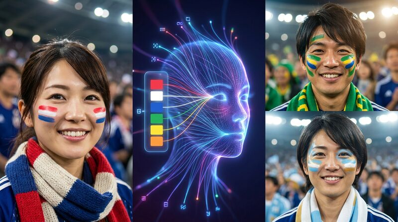 FilmoraのAI画像からプロンプト生成でワールドカップメイクの配色や構図を再現するイメージ