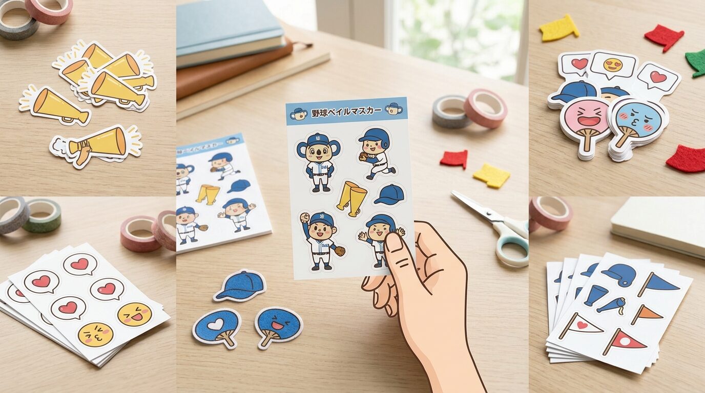 FilmoraのAIステッカーで野球イラストを応援素材へ展開するイメージ