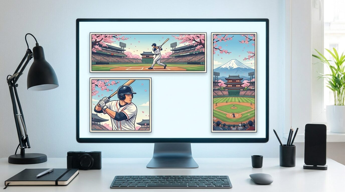 Filmoraのオートリフレームで野球イラストを複数比率へ展開するイメージ