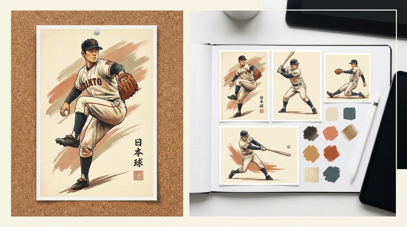 FilmoraのAI画像からプロンプト生成で野球イラストの作風を分析するイメージ