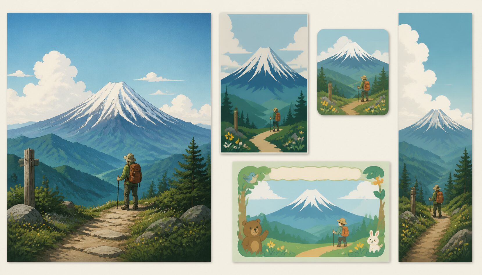 FilmoraのAI画像からプロンプト生成で山の日イラストの派生案を整理するイメージ