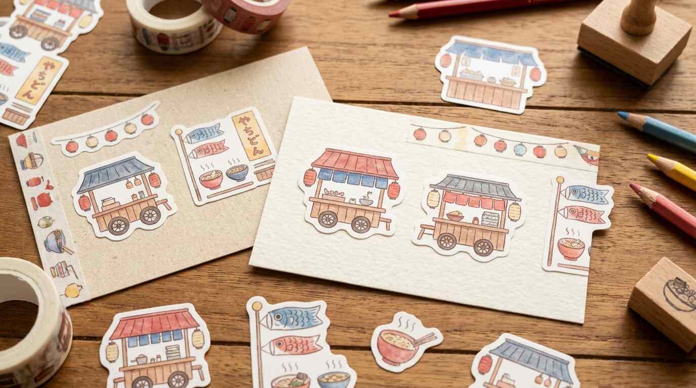 FilmoraのAIステッカーで屋台イラストを装飾素材化するイメージ