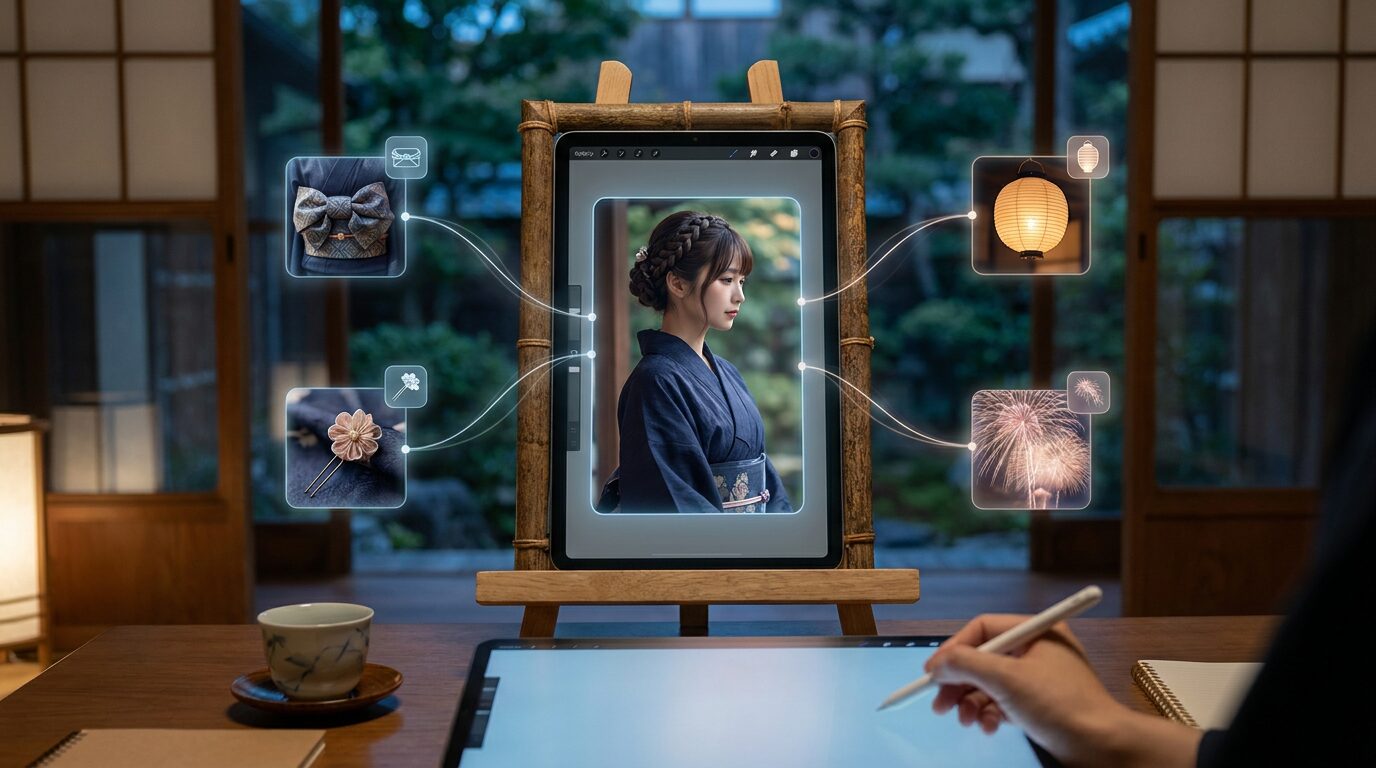 FilmoraのAI画像からプロンプト生成で浴衣画像の作風を言語化するイメージ