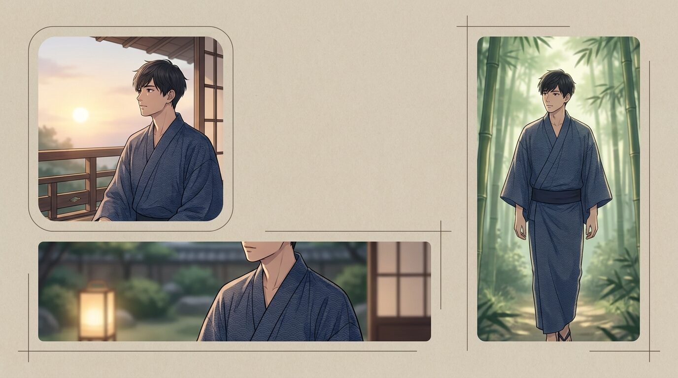 Filmoraのオートリフレームで浴衣イラスト男を比率展開するイメージ