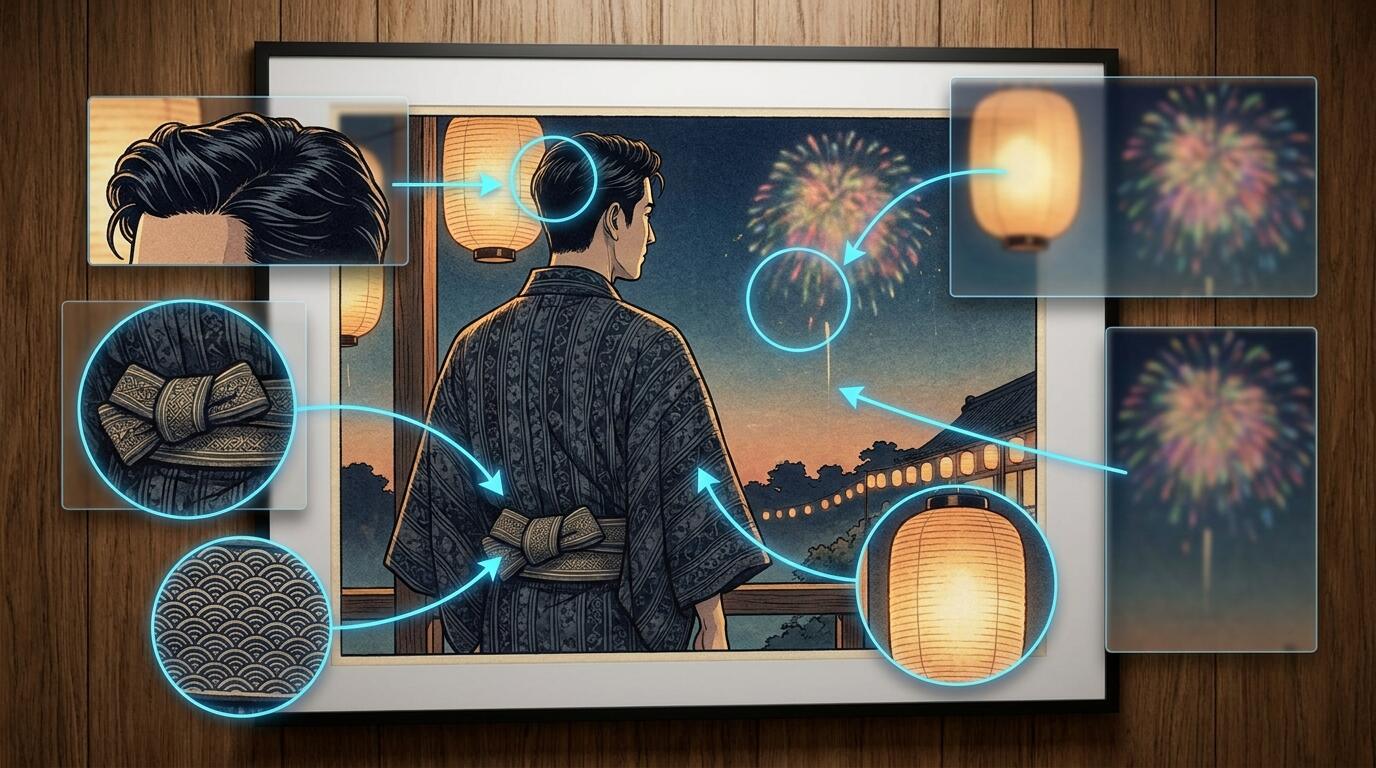 FilmoraのAI画像からプロンプト生成で浴衣イラスト男を展開するイメージ