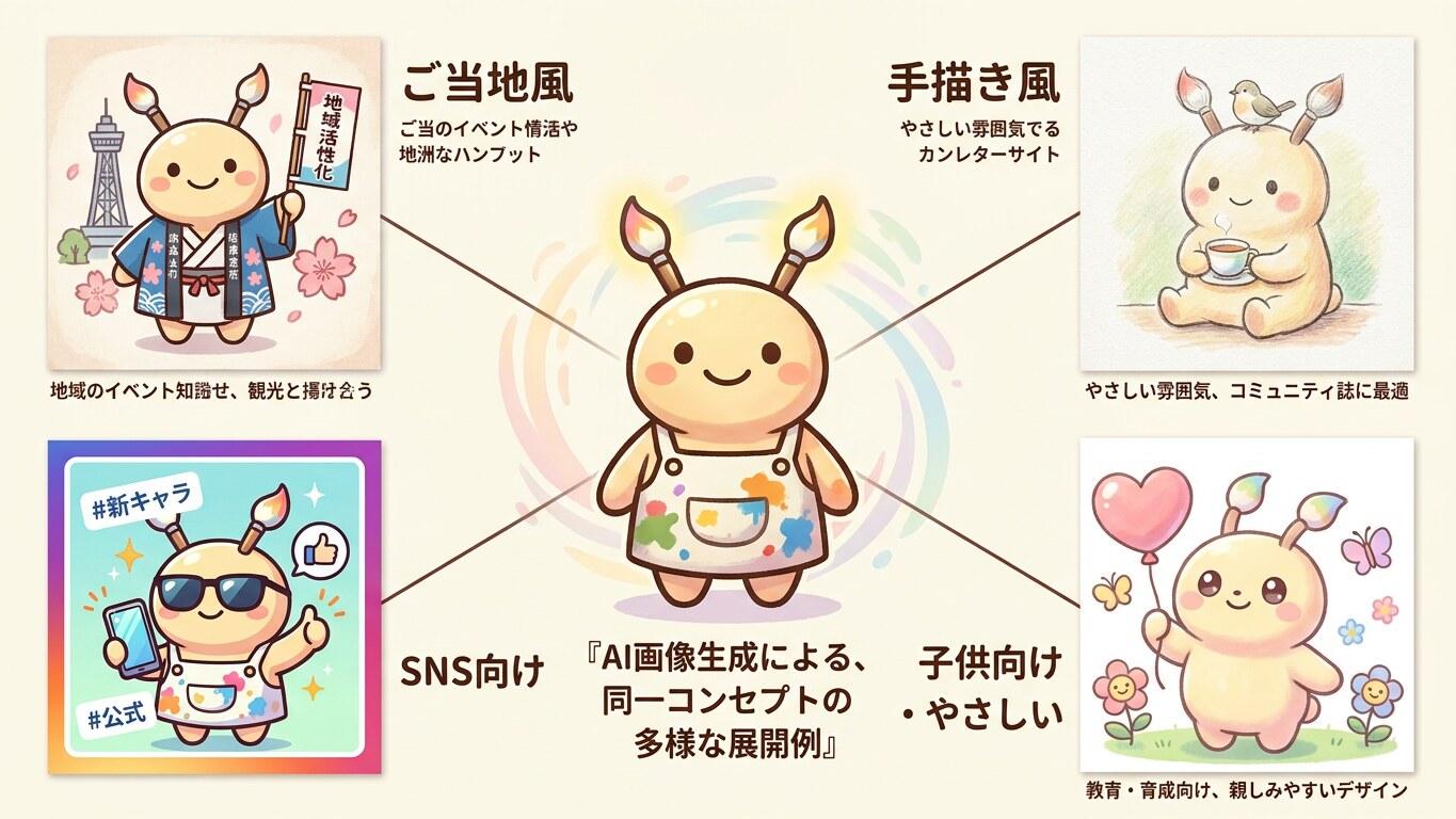 FilmoraのAI画像生成でゆるキャライラストを多スタイル展開するイメージ