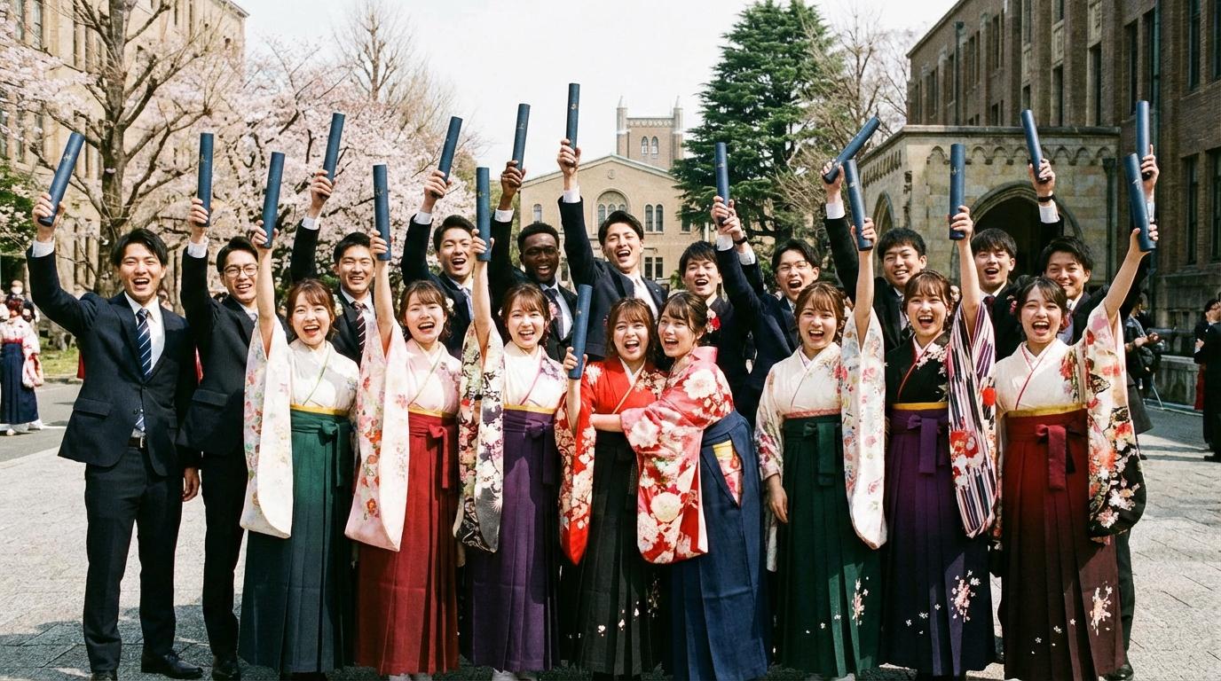 卒業証書を掲げる達成感あふれる集合卒業写真ポーズ