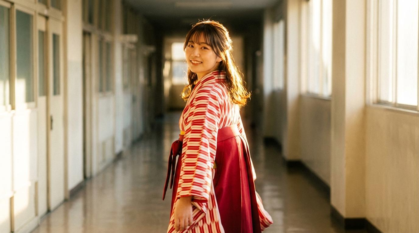 振り返り笑顔ショットで撮影したおしゃれな個人卒業写真ポーズ