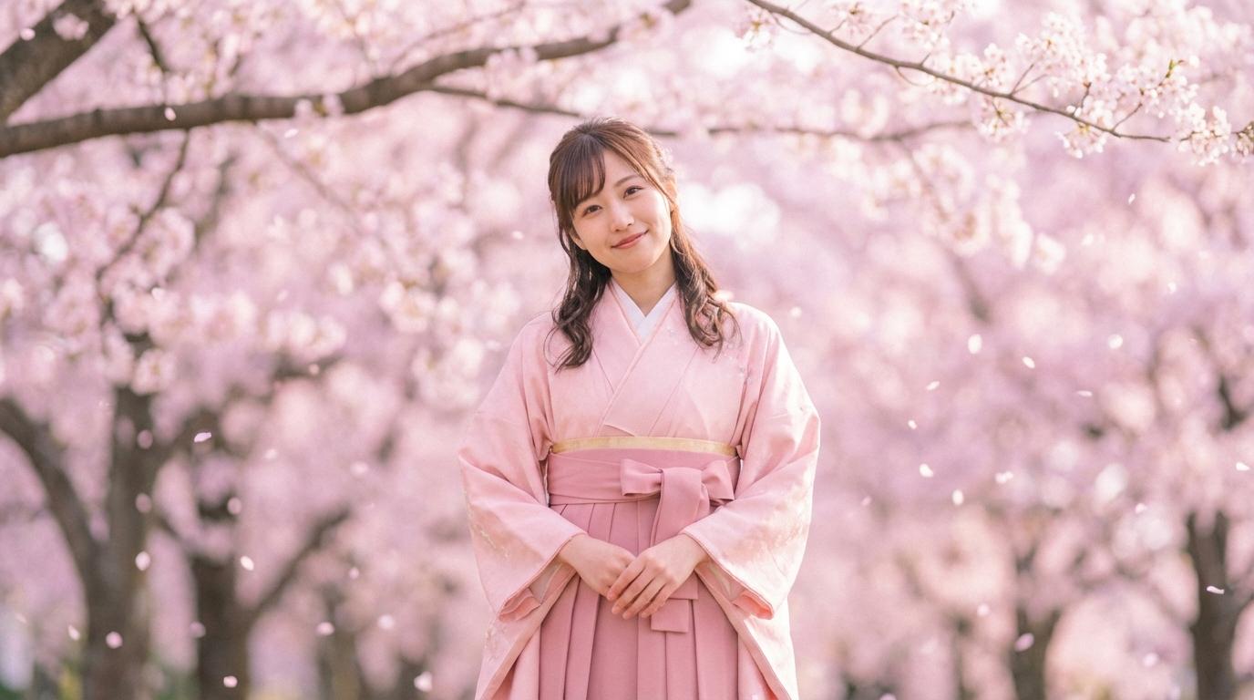 桜を背景にやわらかく微笑む春らしい個人卒業写真ポーズ