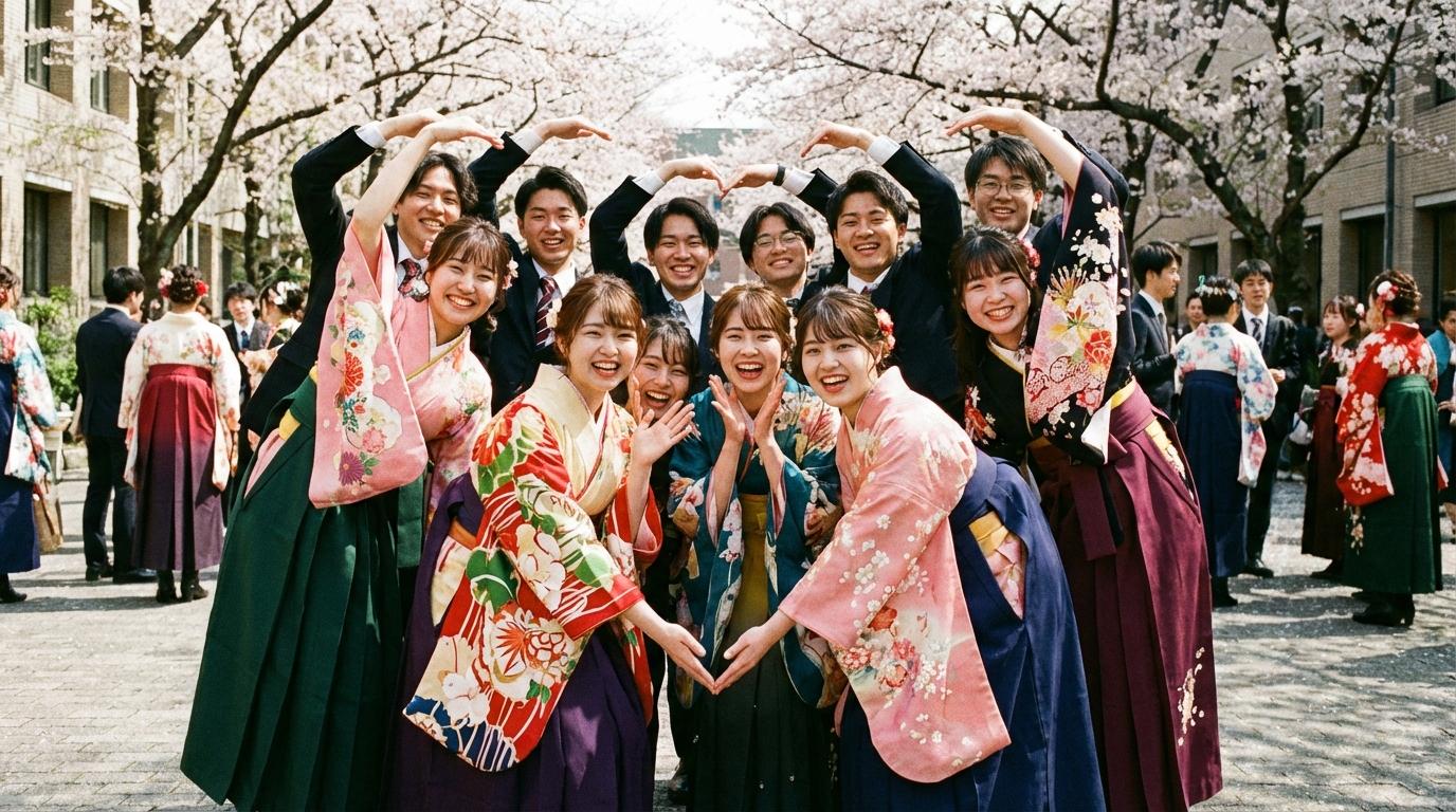 ハートを作る複数人のかわいい集合卒業写真ポーズ