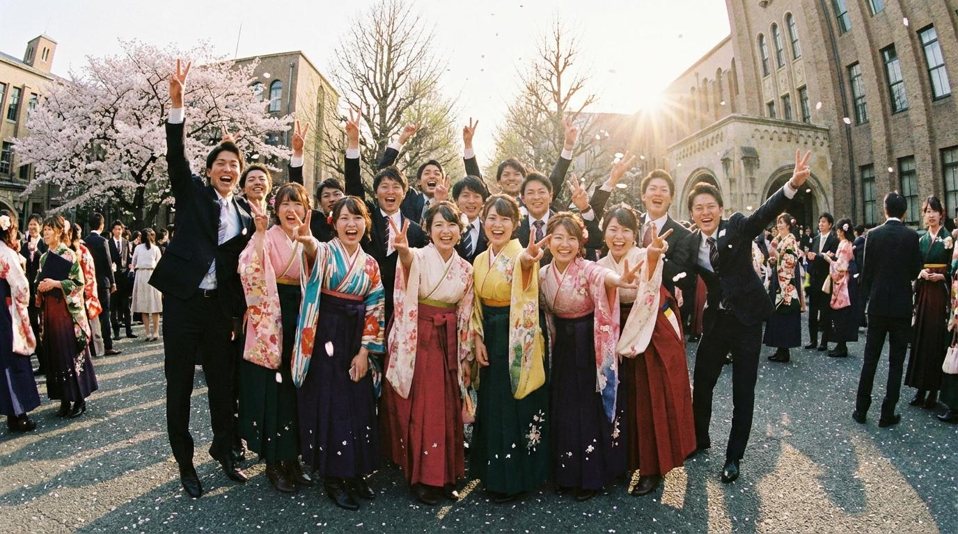 全員でピースサインをする定番の集合卒業写真ポーズ