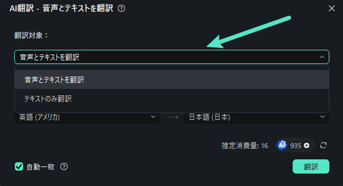 テキストのみ翻訳するか、音声とテキストを翻訳するかを選ぶ