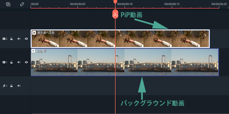 Filmoraプレビュー画面でPiP動画のサイズと位置を調整する