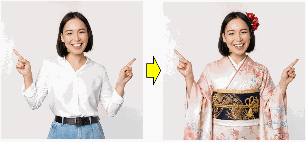 和装に服を変えた生成例