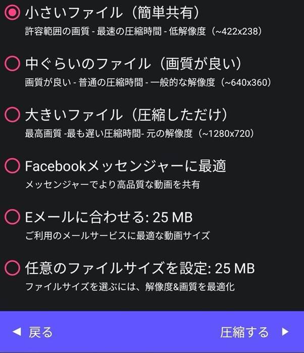 任意のファイルサイズを選択し、「圧縮する」をタップする