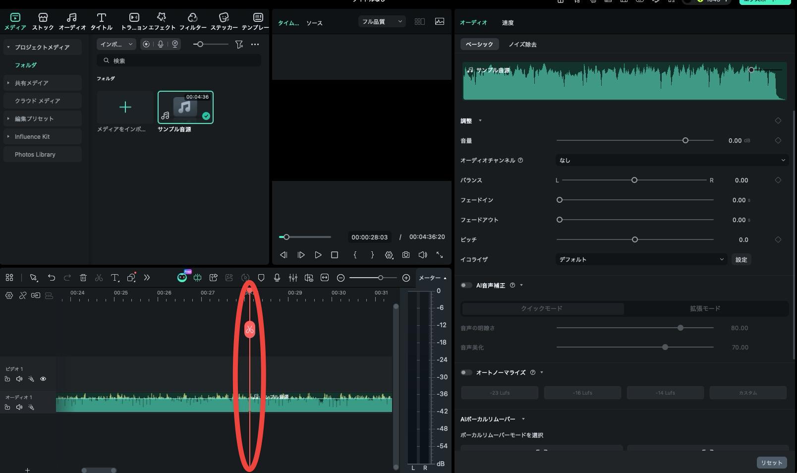 Filmoraで波形を見ながらカット編集している画面