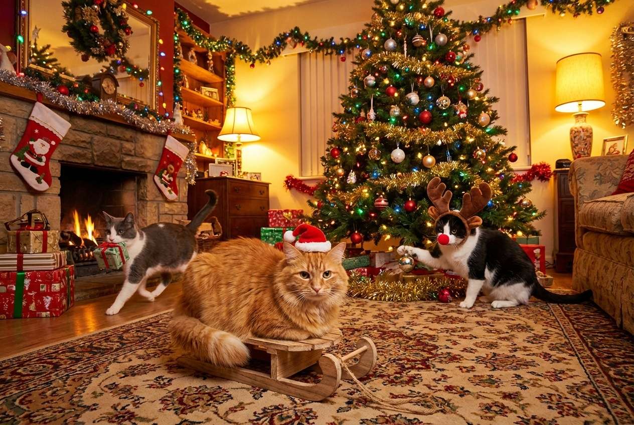 アニメ風サンタ猫とリアルなリビングルーム